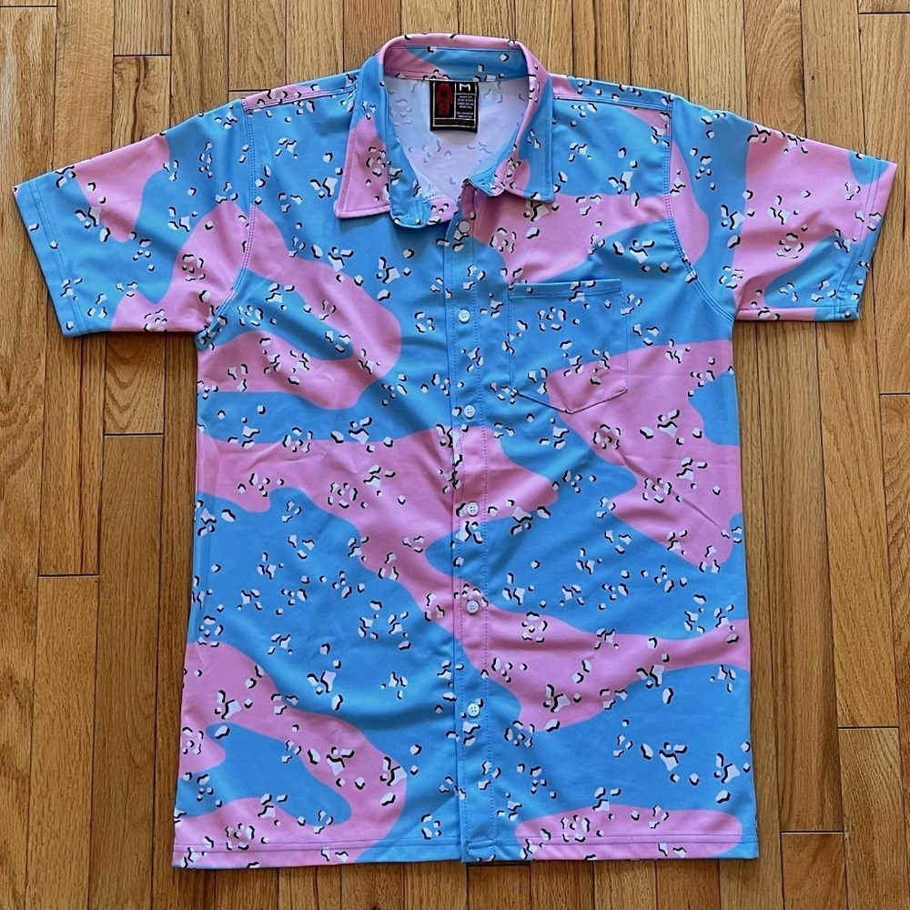 OAF Nation Hawaiian Button Shirt Mens Med Desert Cotton Candy Pink Blue Camo